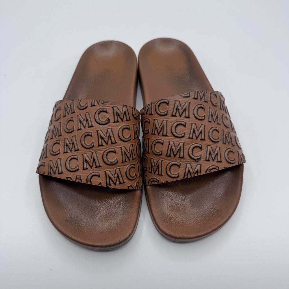 MCM Monogram Print Rubber Slides Cognac Brown EU 39 US Men 7 Women 9